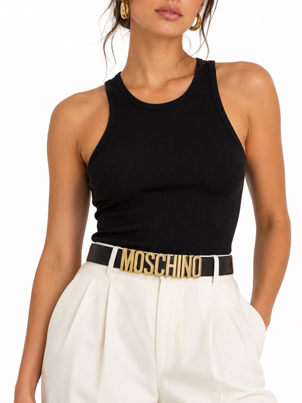 MOSCHINO Gold Lettering Black Leather Belt M